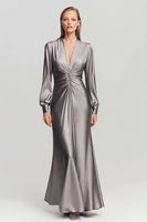 Load image into Gallery viewer, Grey Satin V Neck Ruched Long Formal Dress with Long Sleeves