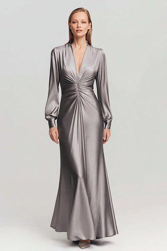 Grey Satin V Neck Ruched Long Formal Dress with Long Sleeves