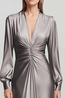 Load image into Gallery viewer, Grey Satin V Neck Ruched Long Formal Dress with Long Sleeves