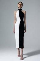 Load image into Gallery viewer, Black and White Sheath High Neck Long Formal Dress