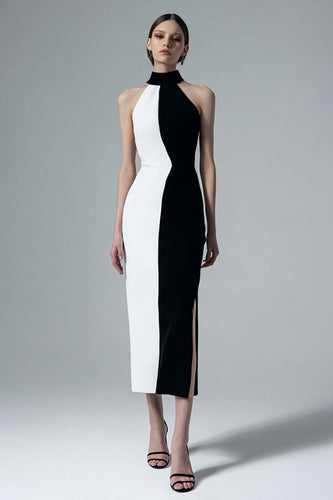 Black and White Sheath High Neck Long Formal Dress