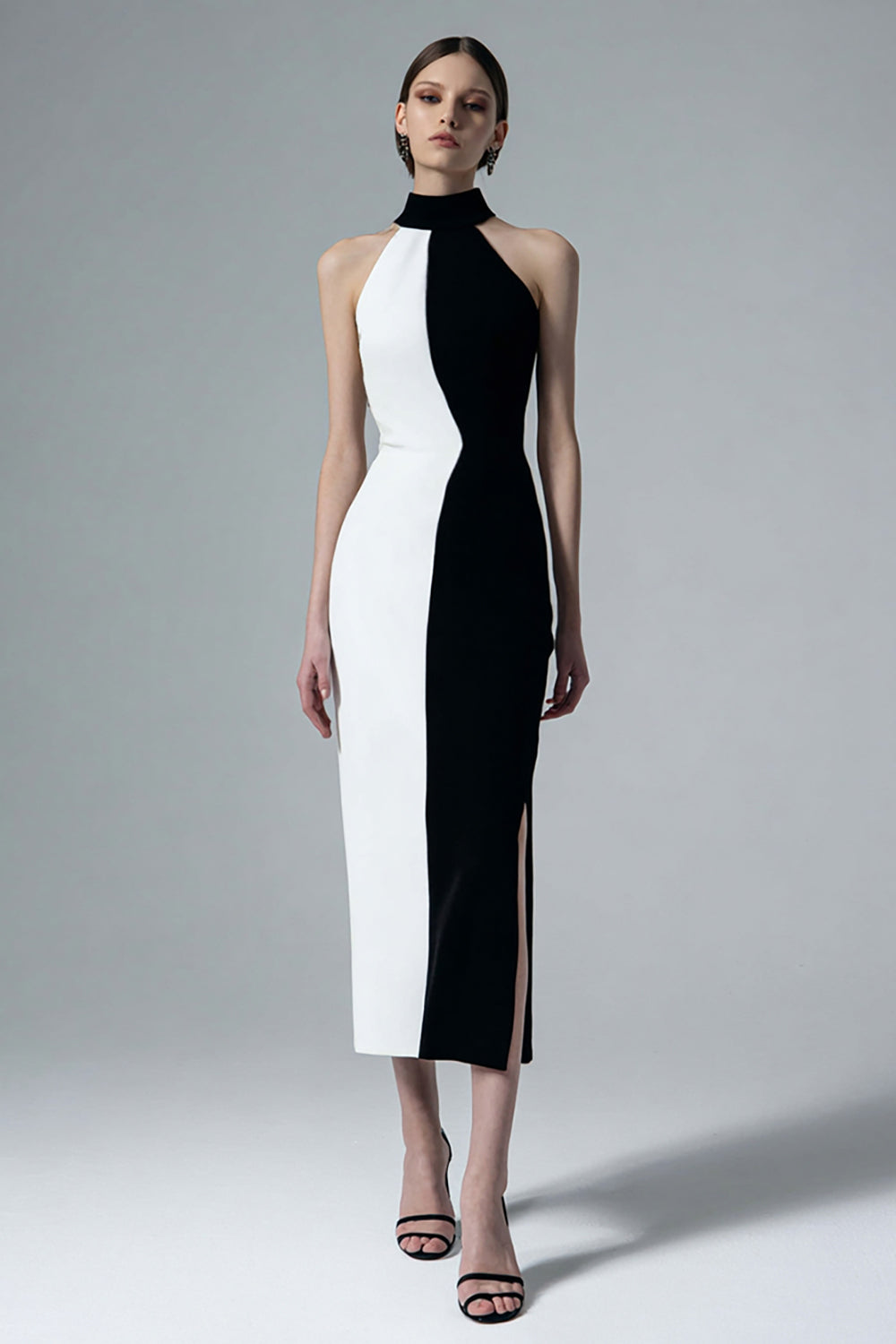 Black and White Sheath High Neck Long Formal Dress