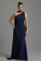 Load image into Gallery viewer, Navy Mermaid Satin One Shoulder Long Formal Dress