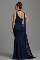 Load image into Gallery viewer, Navy Mermaid Satin One Shoulder Long Formal Dress