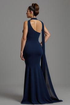 Navy Mermaid Satin One Shoulder Long Formal Dress