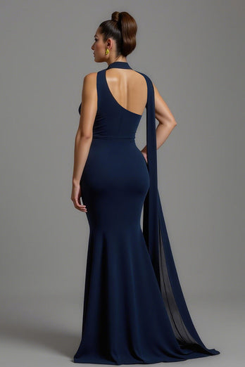 Navy Mermaid Satin One Shoulder Long Formal Dress