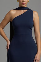 Load image into Gallery viewer, Navy Mermaid Satin One Shoulder Long Formal Dress