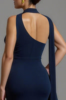 Load image into Gallery viewer, Navy Mermaid Satin One Shoulder Long Formal Dress