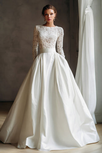 Ivory Lace and Satin Boat Neck Long Sleeves Wedding Dress