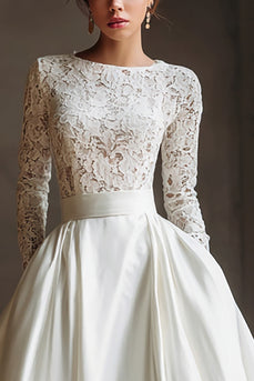 Ivory Lace and Satin Boat Neck Long Sleeves Wedding Dress