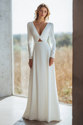 Ivory V-Neck A-Line Floor Length Wedding Dress with Sleeves