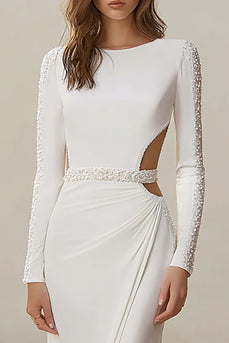 Ivory Round Neck Mermaid Wedding Dress with Long Sleeves