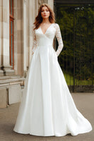 Load image into Gallery viewer, Ivory V-Neck A Line Long Sleeves Wedding Dress with Lace