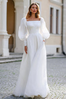 Load image into Gallery viewer, Ivory Square Neck A Line Puff Sleeves Floor Length Wedding Dress