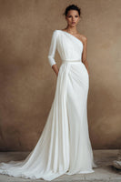 Load image into Gallery viewer, Ivory One Shoulder Sheath Wedding Dress with Side Cape