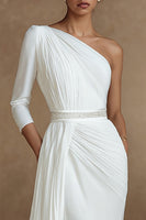 Load image into Gallery viewer, Ivory One Shoulder Sheath Wedding Dress with Side Cape