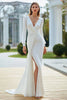 Load image into Gallery viewer, Ivory V-Neck Mermaid Long Sleeves Wedding Dress with Slit
