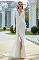 Load image into Gallery viewer, Ivory V-Neck Mermaid Long Sleeves Wedding Dress with Slit