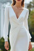 Load image into Gallery viewer, Ivory V-Neck Mermaid Long Sleeves Wedding Dress with Slit