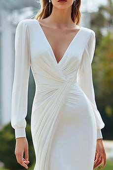 Ivory V-Neck Mermaid Long Sleeves Wedding Dress with Slit