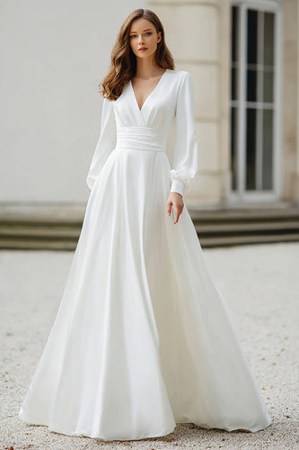 Ivory Satin A Line V-Neck Long Sleeves Floor Length Wedding Dress