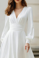 Load image into Gallery viewer, Ivory Satin A Line V-Neck Long Sleeves Floor Length Wedding Dress
