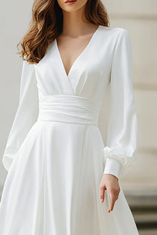 Ivory Satin A Line V-Neck Long Sleeves Floor Length Wedding Dress