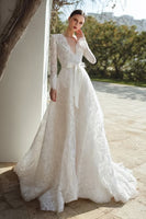 Load image into Gallery viewer, Ivory Lace V-Neck A Line Sweep Train Long Sleeves Wedding Dress