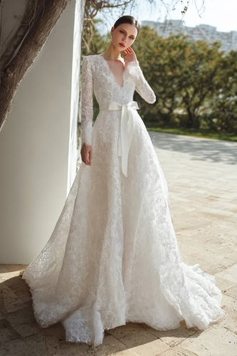 Ivory Lace V-Neck A Line Sweep Train Long Sleeves Wedding Dress