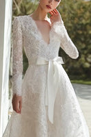 Load image into Gallery viewer, Ivory Lace V-Neck A Line Sweep Train Long Sleeves Wedding Dress