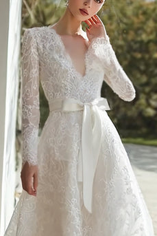 Ivory Lace V-Neck A Line Sweep Train Long Sleeves Wedding Dress