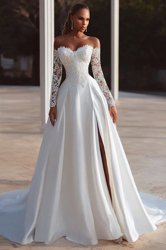 Ivory Off The Shoulder Long Sleeves Wedding Dress with Sweep Train