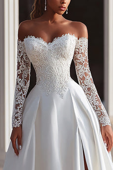Ivory Off The Shoulder Long Sleeves Wedding Dress with Sweep Train