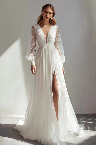 Ivory V-Neck Ruched A Line Long Sleeves Wedding Dress with Slit