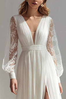 Ivory V-Neck Ruched A Line Long Sleeves Wedding Dress with Slit