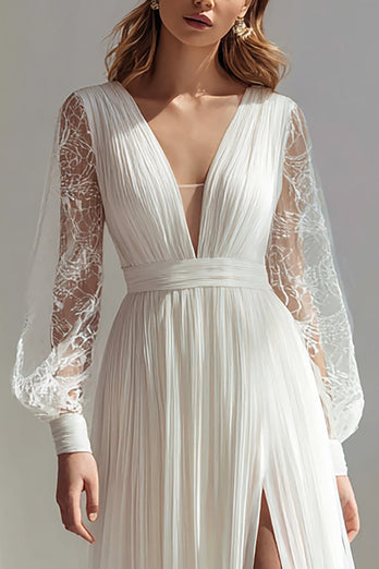 Ivory V-Neck Ruched A Line Long Sleeves Wedding Dress with Slit