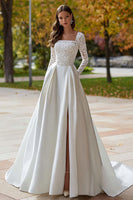 Load image into Gallery viewer, Ivory Square Neck Satin Long Sleeves Wedding Dress with Slit