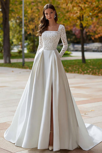 Ivory Square Neck Satin Long Sleeves Wedding Dress with Slit