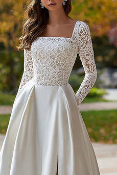 Ivory Square Neck Satin Long Sleeves Wedding Dress with Slit
