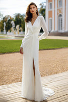 Load image into Gallery viewer, Ivory V-Neck Long Sleeves Sheath Wedding Dress with Sweep Train