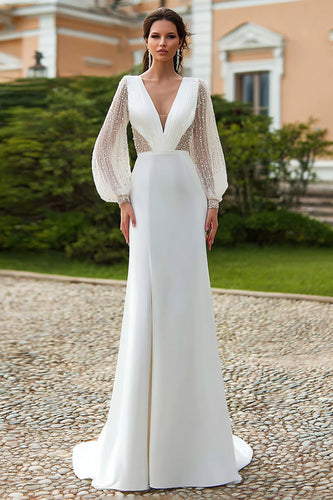 Sparkly Ivory Satin Long Sleeves Sheath Wedding Dress