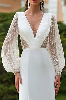 Sparkly Ivory Satin Long Sleeves Sheath Wedding Dress