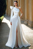 Load image into Gallery viewer, Ivory One Shoulder Satin Long Sleeves Wedding Dress with Slit
