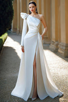 Load image into Gallery viewer, Ivory One Shoulder Satin Long Sleeves Wedding Dress with Slit