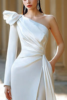 Load image into Gallery viewer, Ivory One Shoulder Satin Long Sleeves Wedding Dress with Slit