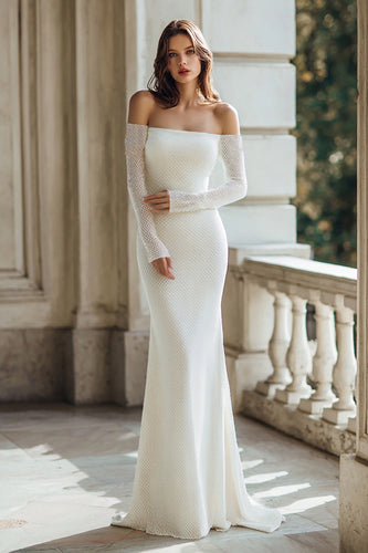 Ivory Off The Shoulder Mermaid Long Sleeves Wedding Dress