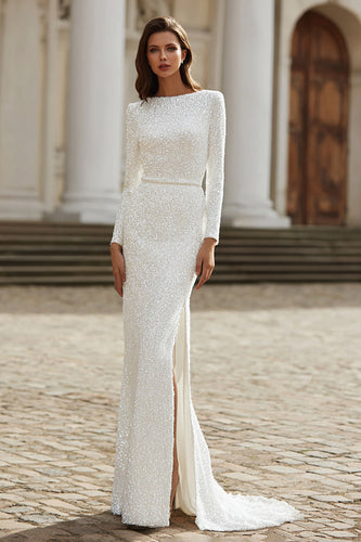 Sparkly Ivory Bateau Neck Long Sleeves Sequin Wedding Dress with Slit