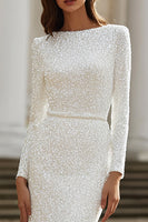 Load image into Gallery viewer, Sparkly Ivory Bateau Neck Long Sleeves Sequin Wedding Dress with Slit