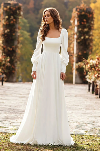 Simple Ivory Square Neck Long Sleeves A Line Wedding Dress