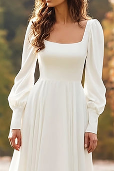 Simple Ivory Square Neck Long Sleeves A Line Wedding Dress